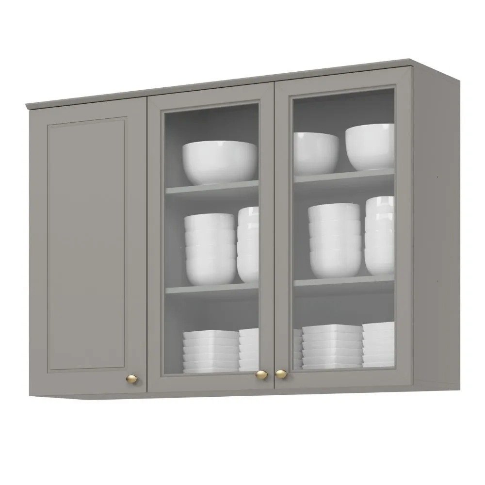 imagem de Armário Aéreo 120cm com Vidro 3 Portas Americana Henn Cinza Loja Veneza - C363-131